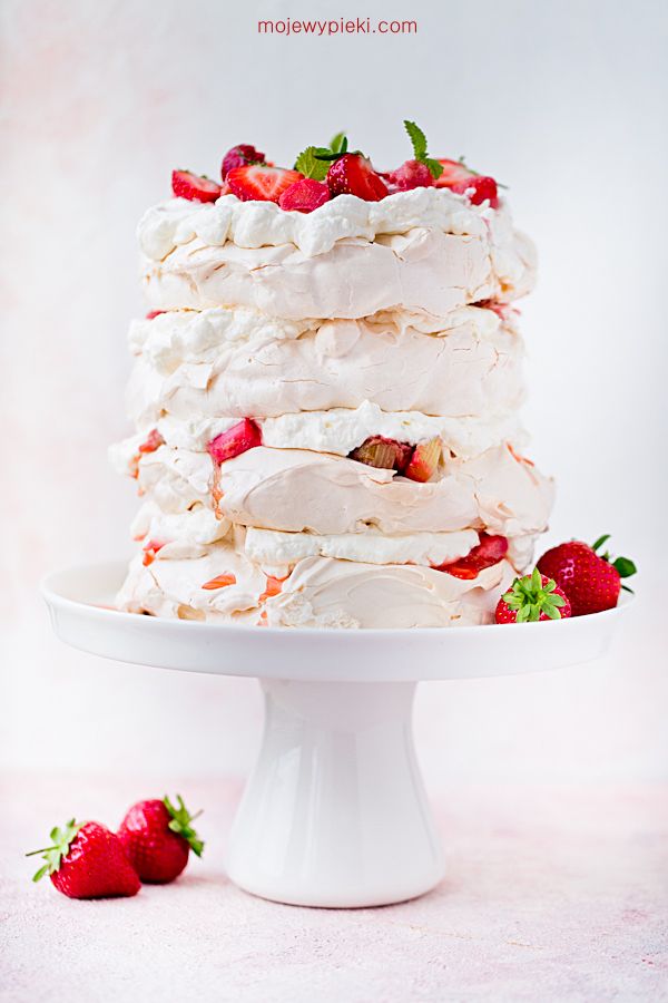 Rhubarb and strawberry meringue cake