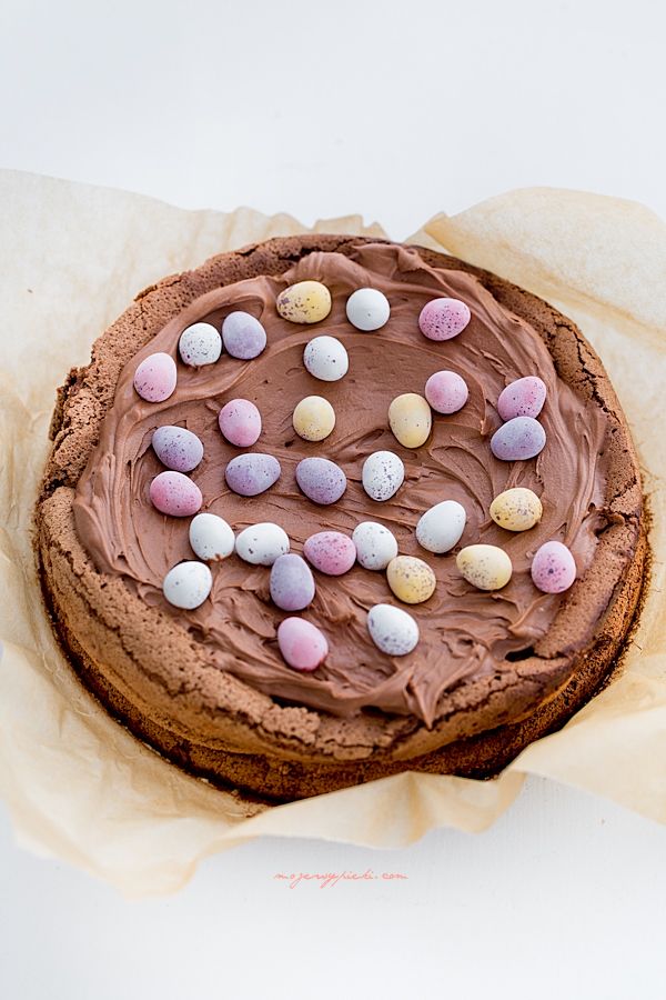 Chocolate cake with cream and easter eggs