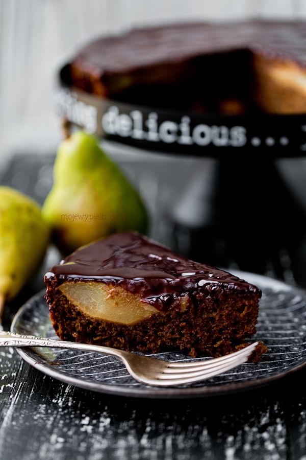Spiced pear cake with chocolate glaze