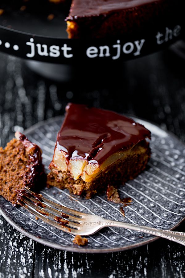 Spiced pear cake with chocolate glaze