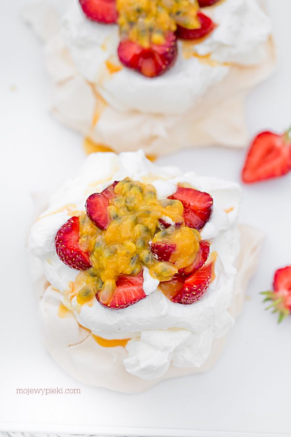 Mini Pavlovas with strawberries and passion fruit