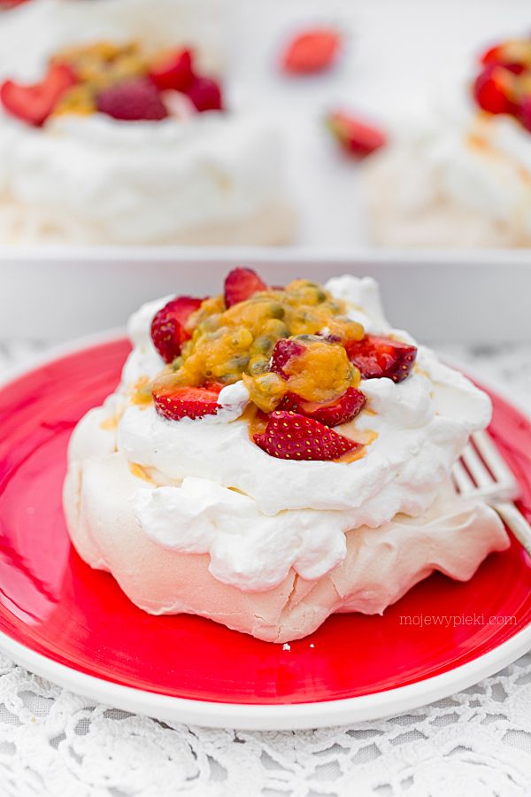 Mini Pavlovas with strawberries and passion fruit