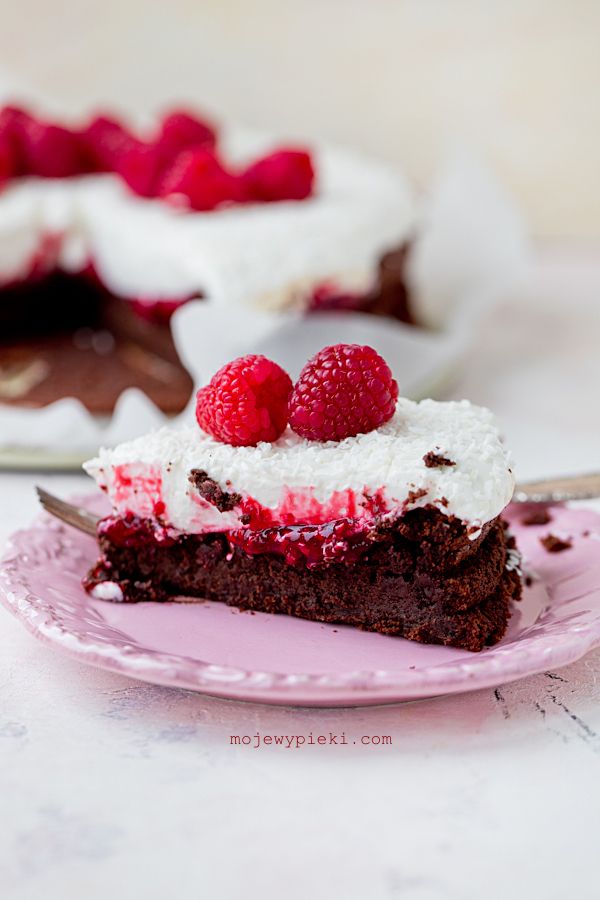 Sunken Chocolate Cake with Coconut Cream and Raspberries
