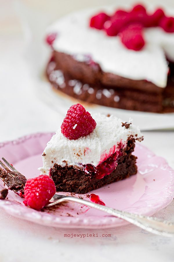 Sunken Chocolate Cake with Coconut Cream and Raspberries