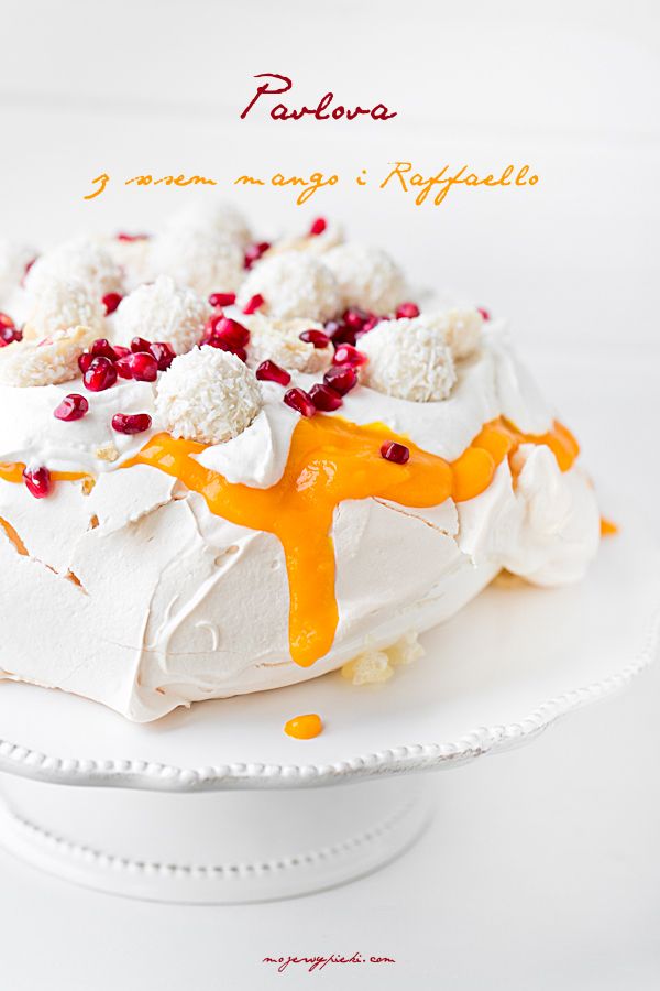 Coconut Pavlova with mango sauce and pomegranate