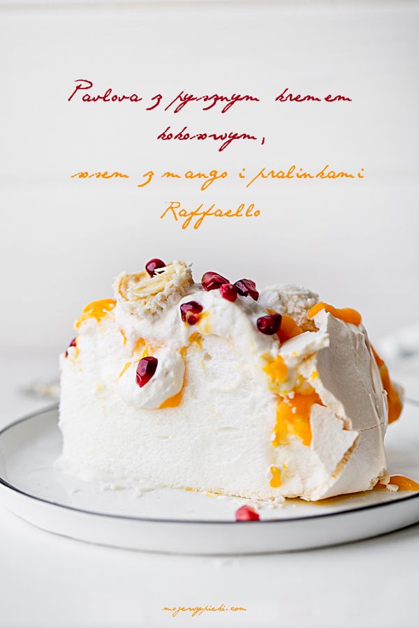Coconut Pavlova with mango sauce and pomegranate