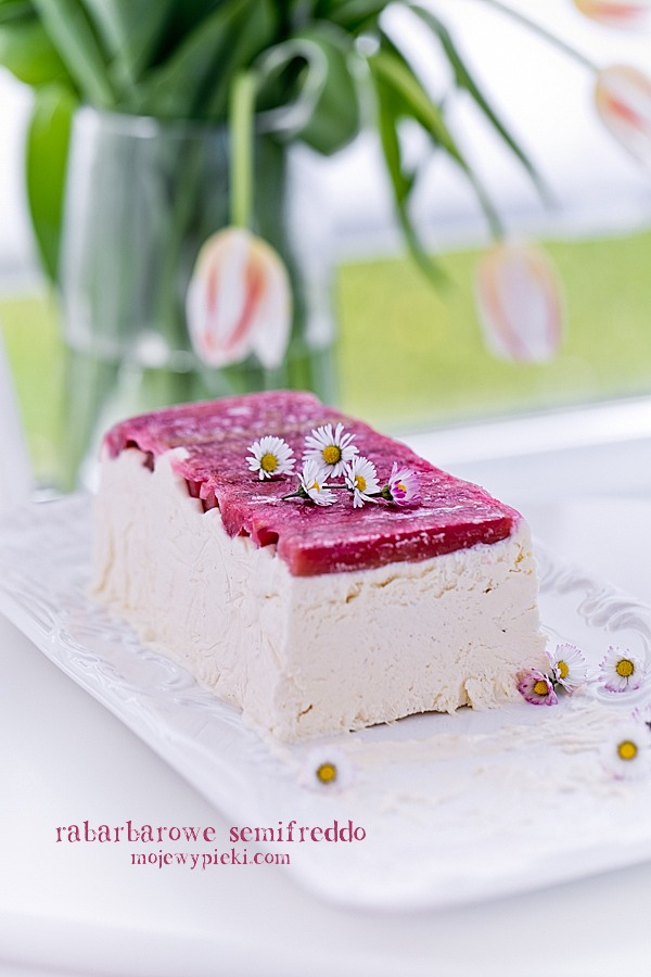 Vanilla semifreddo with poached rhubarb