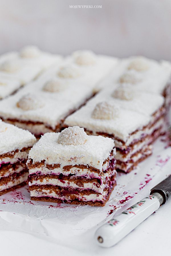 Coconut zebra cake with blackcurrant jam