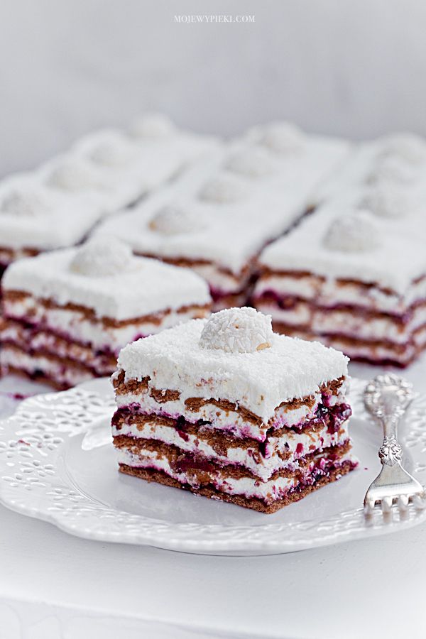 Coconut zebra cake with blackcurrant jam