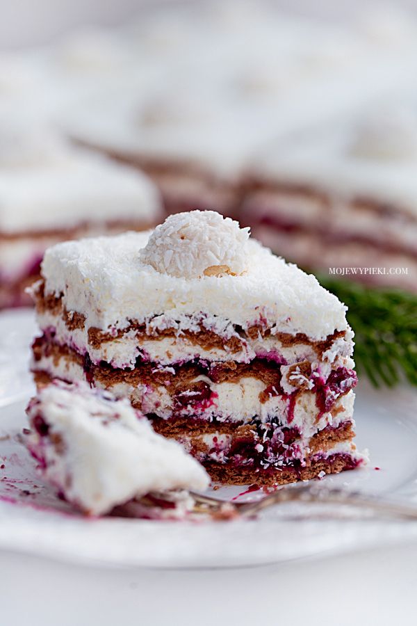 Coconut zebra cake with blackcurrant jam