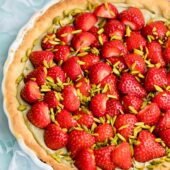 Strawberry and pistachio tart