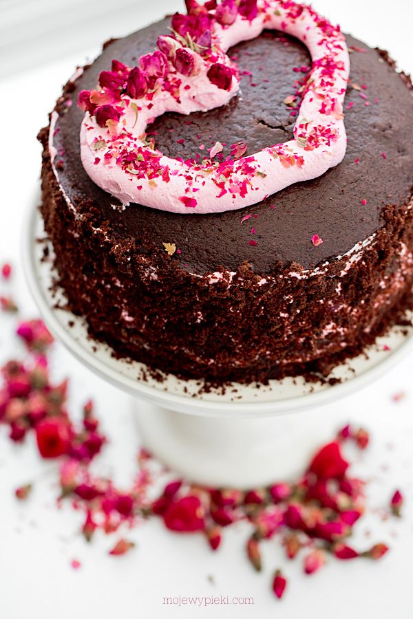Chocolate & rose cake with raspberries