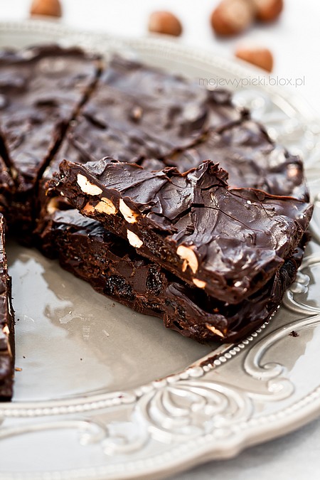 Dark chocolate with rum-soaked prunes and hazelnuts