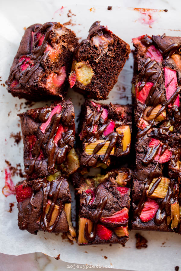 Chocolate cake with rhubarb and strawberries