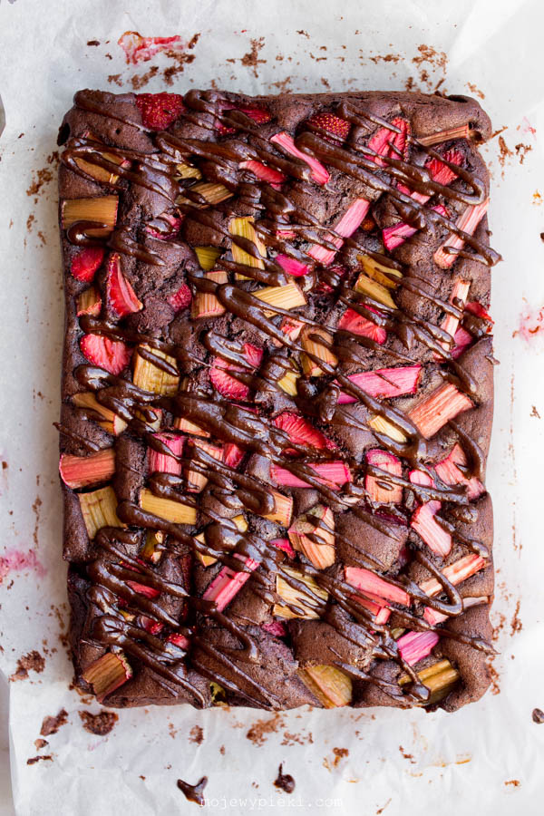 Chocolate cake with rhubarb and strawberries