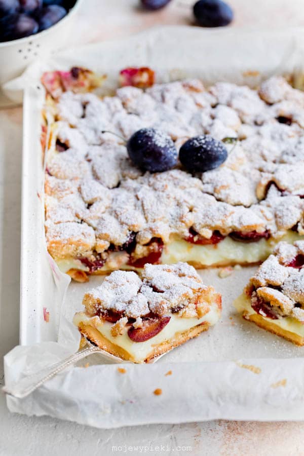 Plum custard crumble slice