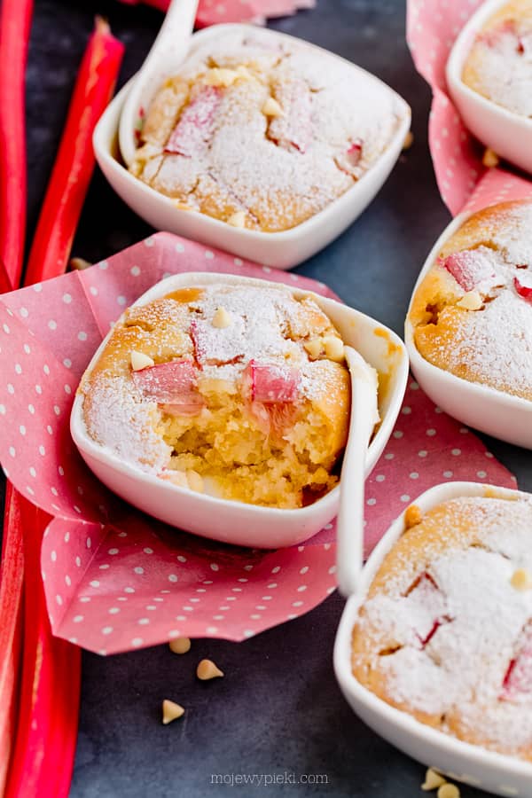 White chocolate and rhubarb muffins