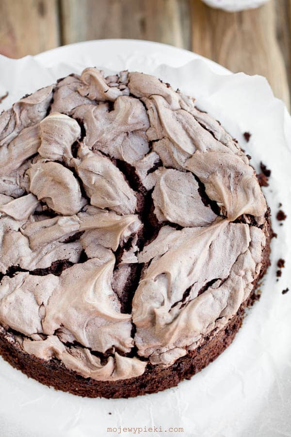 Chocolate cake with chocolate meringue