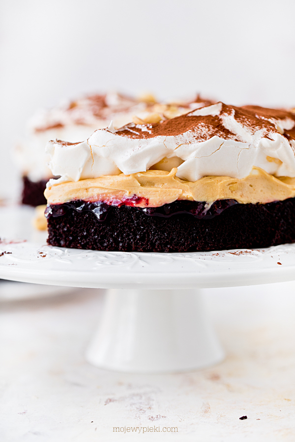 Chocolate cake with peanut butter cream and meringue