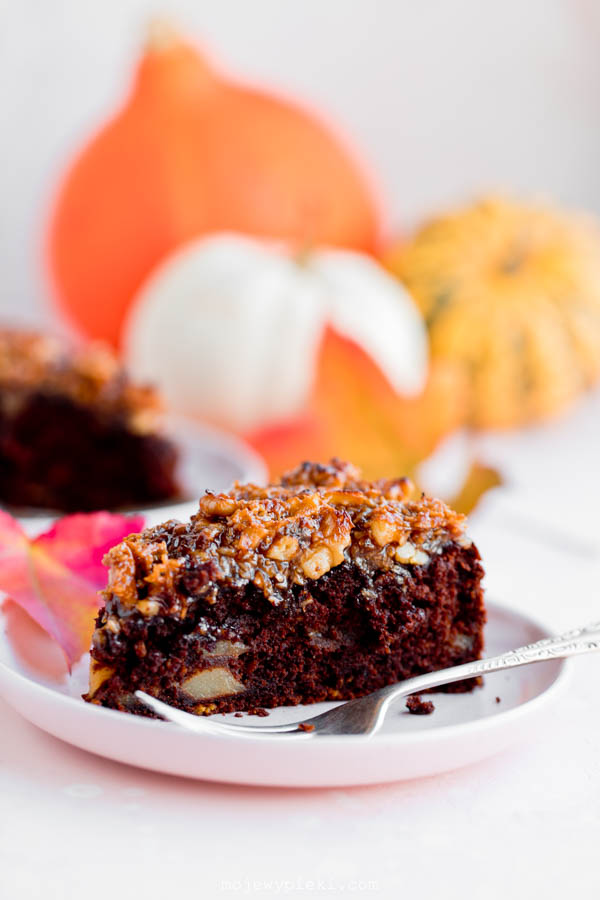 Chocolate pumpkin cake with crunchy coconut pecan topping