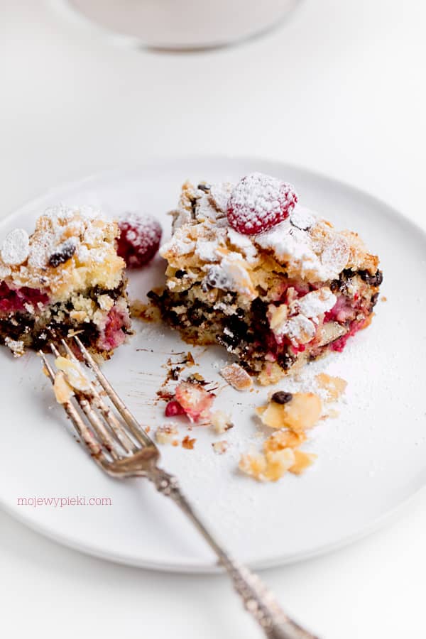 Raspberry and chocolate cake with almond crumble