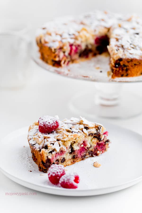 Raspberry and chocolate cake with almond crumble