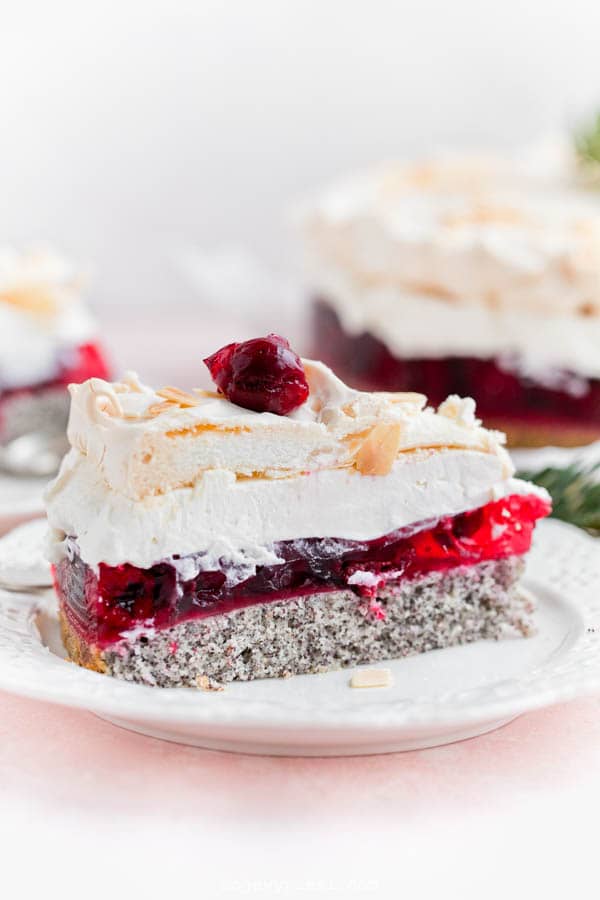 Poppy seed and cherry meringue cloud cake