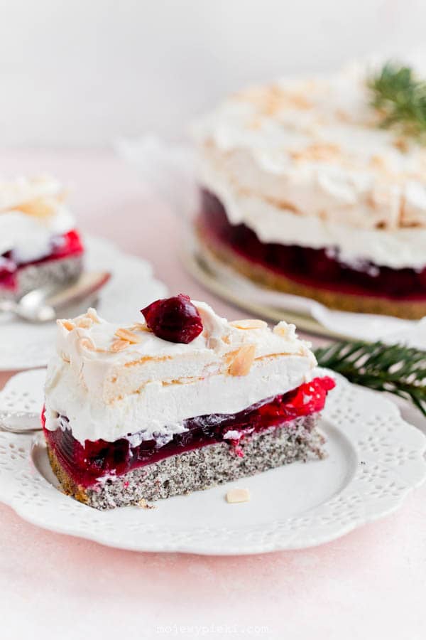 Poppy seed and cherry meringue cloud cake