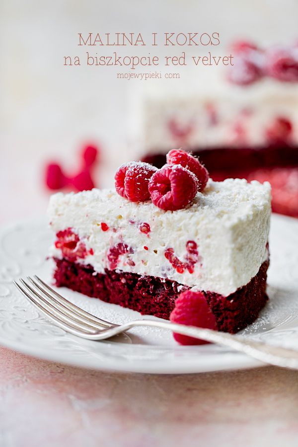 Raspberry and coconut dessert on red velvet cake